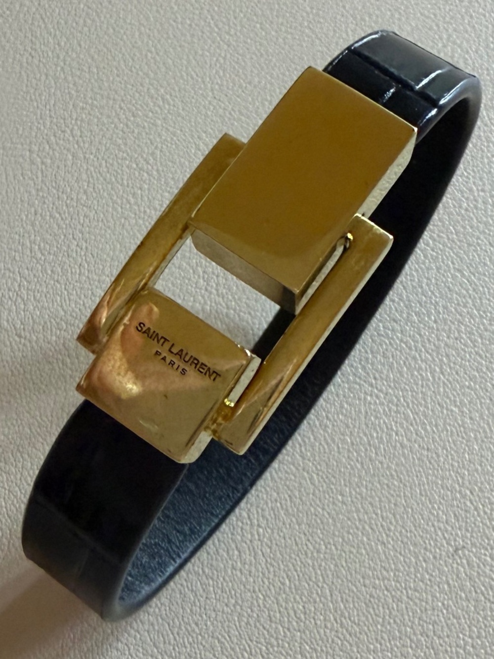 Saint Laurent Black Leather Bracelet with Gold Clasp
